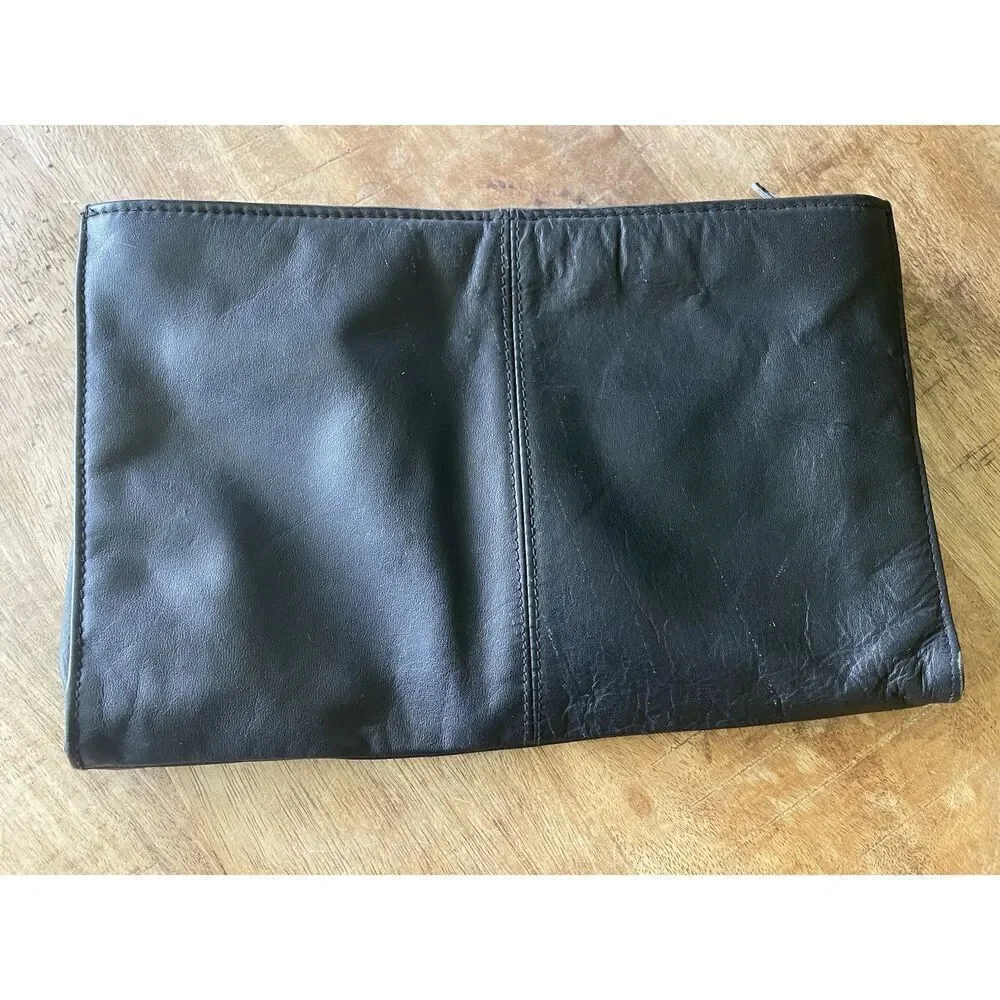 Vintage Black Genuine Leather Chevron Foldover Clutch Bag 13.5” Made in China